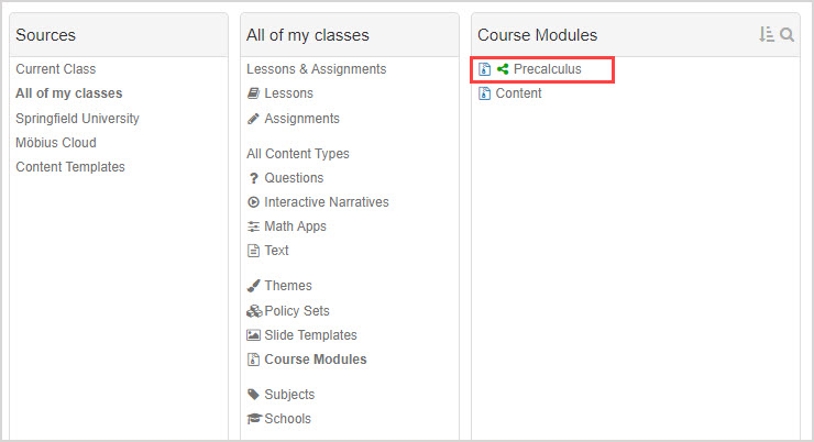 Under the Course Modules pane, click to choose Precalculus from the list of course modules.